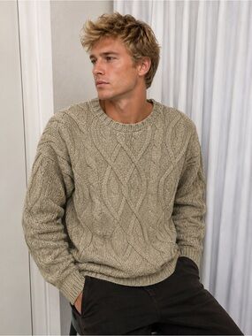 VTG Bill Blass Hand Framed Cable Knit Sweater Mens L Made in USA Cream EUC